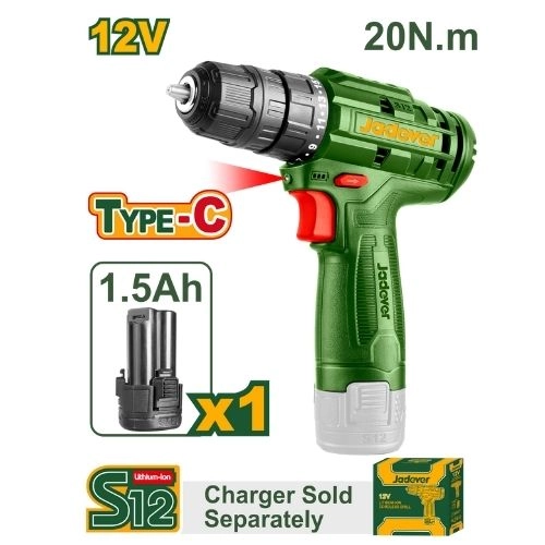 JADEVER Drill 12 volt 1 battery without charger type c  JDCDS510