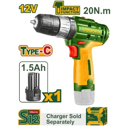 JADEVER Drill 12 volt 1 battery impact without charger type c JDCDS540