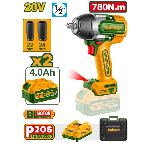 دريل 1/2" 20 فولت 3 سرعات ( عزم 780 : 950 نيوتن ) + 2 لقمة طويلة + حزام 2 بطارية 4 أمبير + شاحن شنطة بلاستيك من جاديفر JDCD1B78