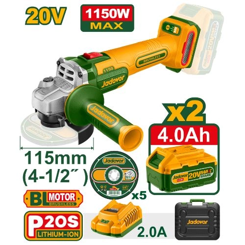 صاروخ براشليس 4.5 بوصة 20 فولت سرعات 2 بطارية 4 أمبير و شاحن مع 5 حجر قطعية و شنطة بلاستيك من جاديفر JDLAPB522