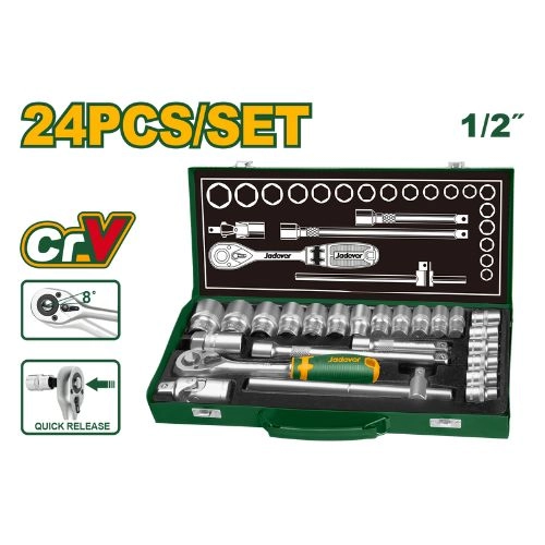 طقم لقم 1/2" بمفتاح سيستيم 24 قطعة 10 : 32 مم شنطة معدني من جاديفر JDST2L24