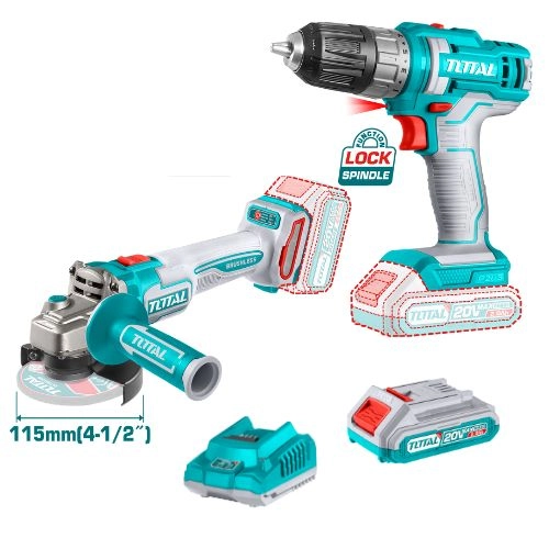 Total Offer of a 20-volt battery drill, 45 N.M + a 4.5-inch 20-volt rocket, including 1 batteries and a charger from TDLI200515 - TAGLI21154  - TFBLI20011 - TFCLI2001
