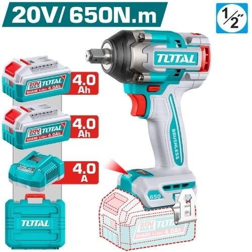 دريل 1/2 بوصه 650 نيوتن  20 فولت 2 بطاريه من توتال TIWLI2065