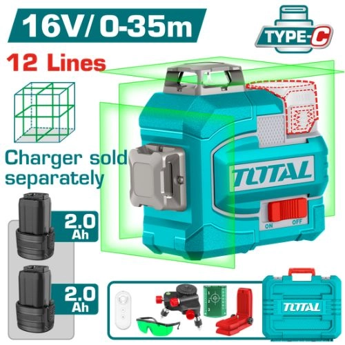 ميزان ليزر اخضر 12 خط 35 متر بطاريه 16 فولت 2 بطارية من توتال TLL301205