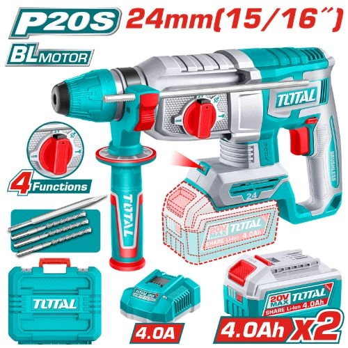 Total Cordless rotary hammer 20V 24mm 2 battery 4A TRHLI202482