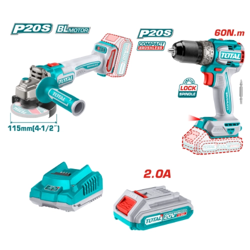 Offer of a 20-volt battery drill, 60 Newtons + a 4.5-inch 20-volt rocket, including 1 batteries and a charger from Total