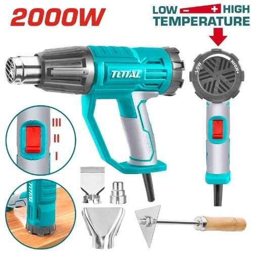 Total Heat gun 2000 Watt, modern heating temperature switch and accessories TB20045