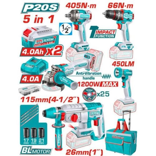 TOTAL 5 Pcs Cordless industrial combo kit TCKLI20595