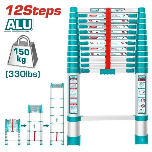  Total Telescopic ladder 12 steps aluminum  load 150 kg THLAD08121