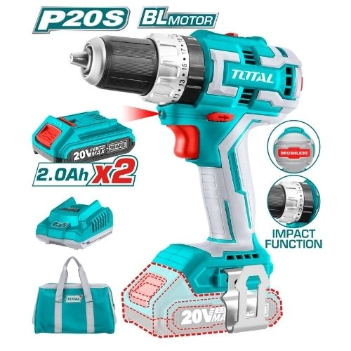 TOTAL Brushless impact drill 20V 60NM With 2 Pcs battery and 1 Pcs charge  TIDLI20608