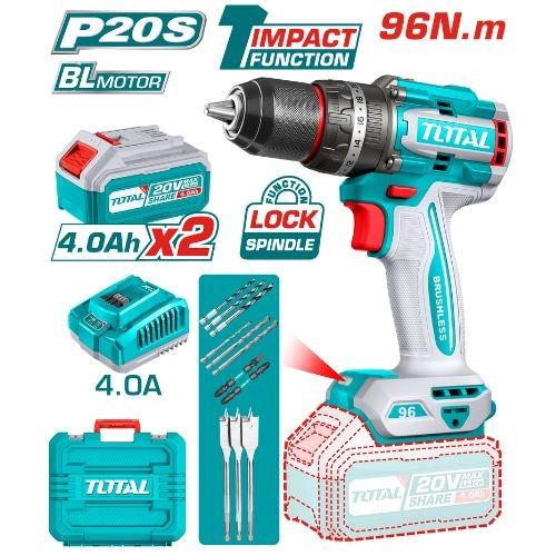 TOTAL Brushless cordless impact drill 20v 96n  2 battery 4 amp TIDLI20968