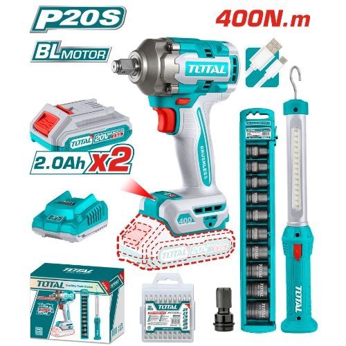  total Combo kit (drill 20 volts, 400 Newton, half inch - blades - bit set - extension - 2 batteries - charger) TOSLI23048