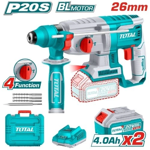 TOTAL Rotary hammer Brushless 20V 26ml With 2 Pcs 4.0Ah battery and 1 PCS charger  TRHLI202287