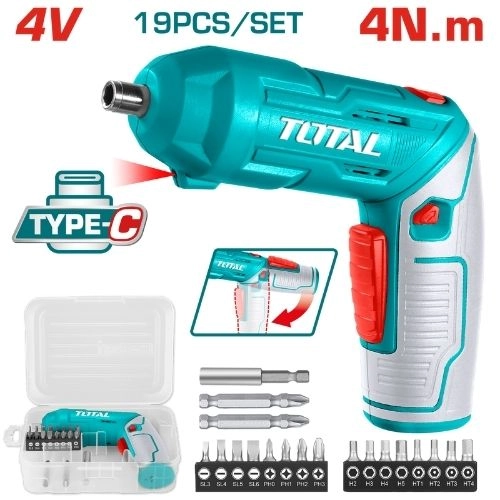 TOTAL  CORDLESS SCREWDRIVER 4 VOLT 19 pcs TSDLI0442