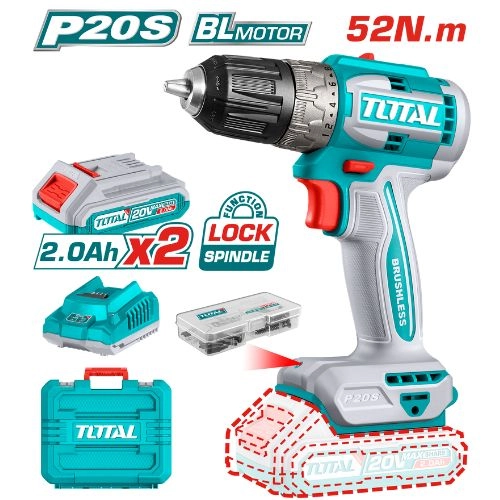 توتال تولز شنيور بطارية 20 فولت 52 نيوتن Brushless مع 2 بطارية 2 امبير و شاحن + طقم اكسسوارت 47 قطعه - TDLI20453