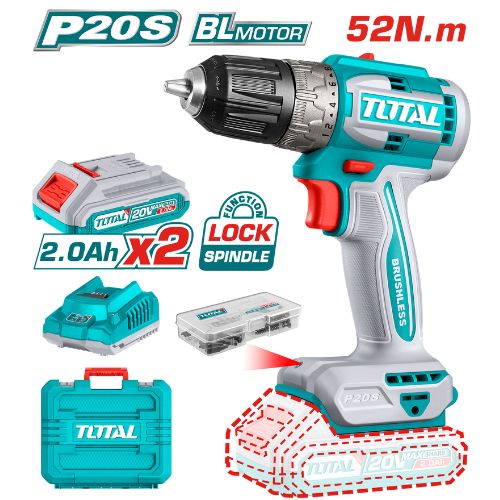 توتال تولز شنيور بطارية 20 فولت 52 نيوتن Brushless مع 2 بطارية 2 امبير و شاحن + طقم اكسسوارت 47 قطعه - TDLI20453