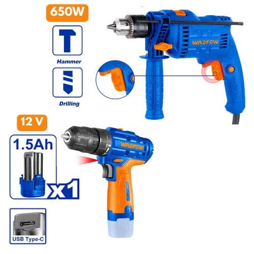 Wadfow Impact drill 650W + Lithium-ion cordless drill 12v -1X 1.5Ah battery 20N 2-speed gear WMD15651+WCDS520