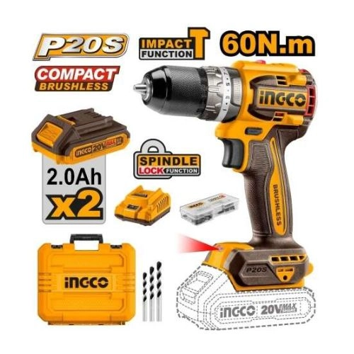 Ingco Impact Drill Brushless 20V 60N.M 2 batteries and charger CIDLI20602 